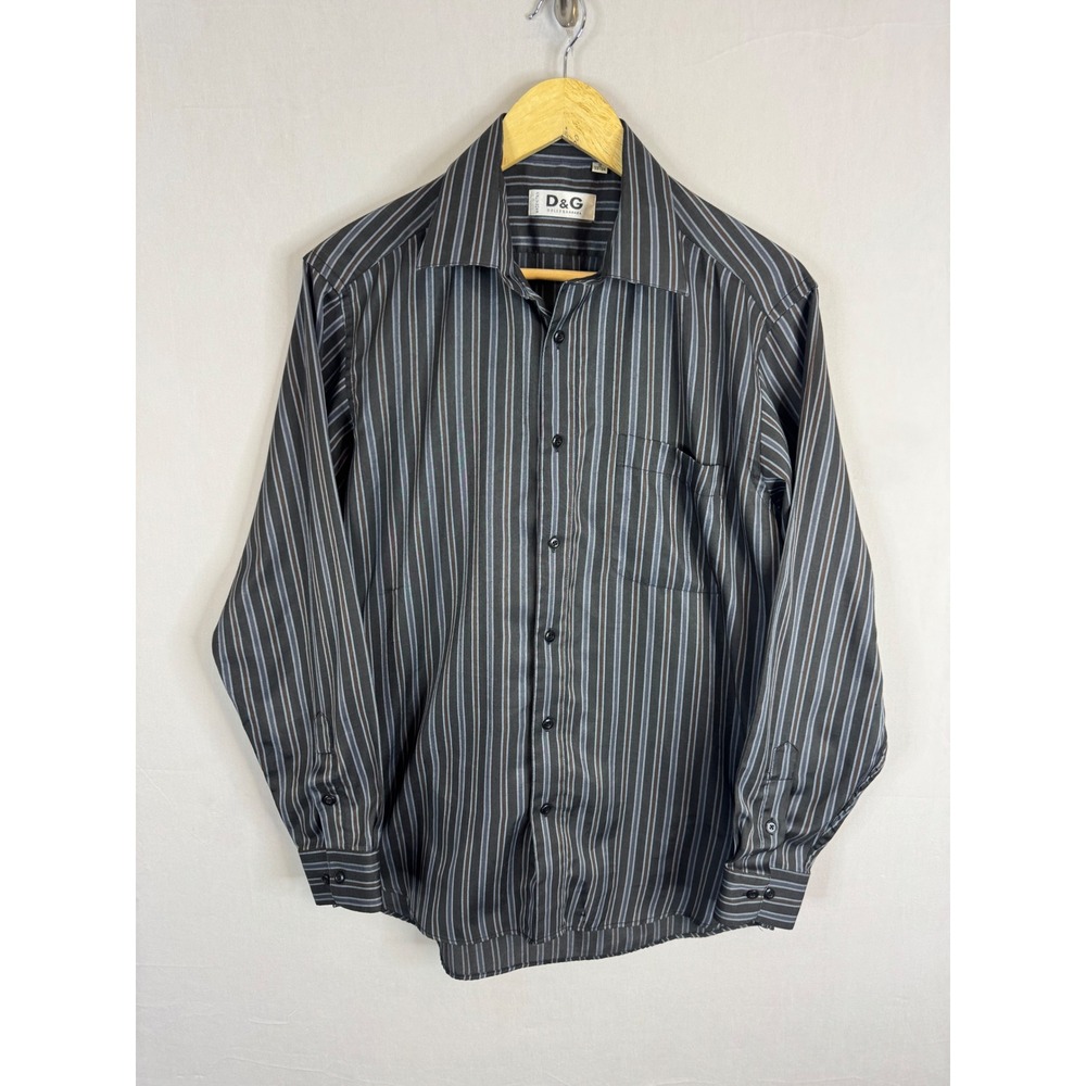 D&G Dolce & Gabbana Mens Striped Button Dress Shirt Black Blue Grey 16 33-34